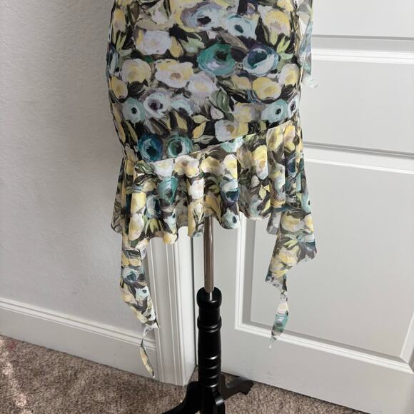 Zara Floral Mesh Ruched Mini Dress V-Neck Ruffle Sleeveless Small Asymmetrical - Picture 8 of 10